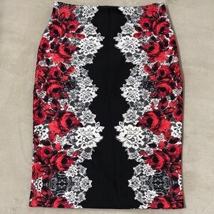 Byer California Red and Black Floral Pencil Skirt
